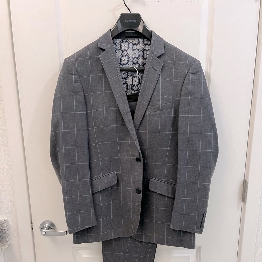 Grey suit w/ blue pinstripes slim fit